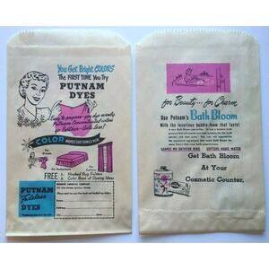 Putnam Dyes & Bath Bloom Cosmetic 1940's Paper Bag Original Advertising Lot Of 2